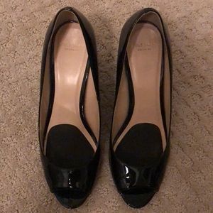 Cole Haan black patent peep toe wedges
